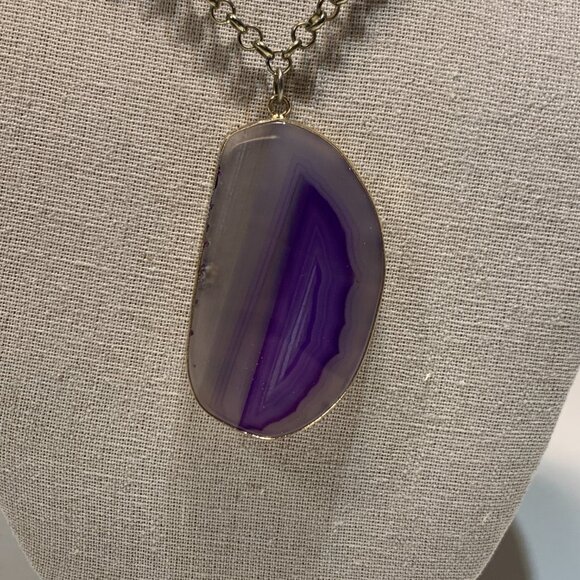 Purple Agate Pendant Necklace Gold Tone Chain Statement Stone Boho Jewelry - Picture 3 of 6